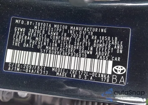 2019 Toyota Corolla Le z USA, uszkodzony, nr VIN 5YFBURHE6KP936019